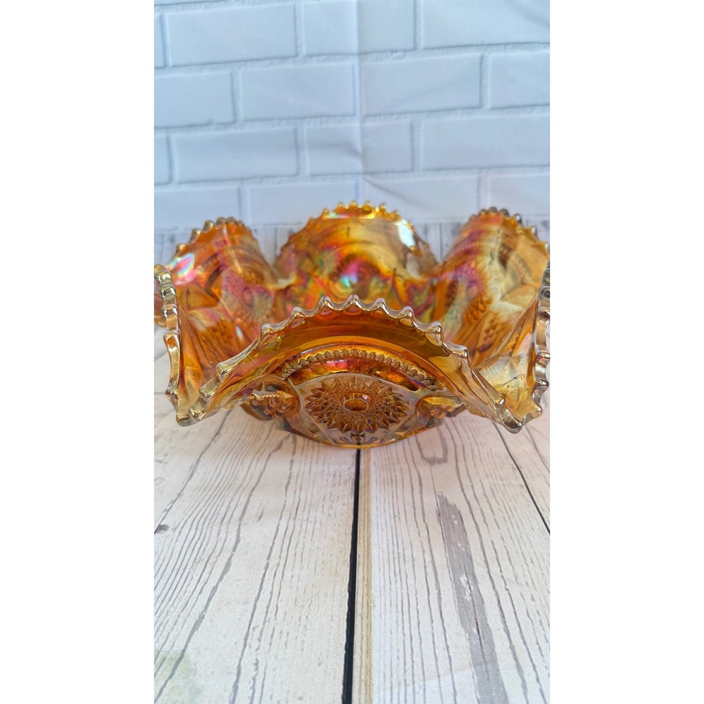 Vintage Marigold Carnival Glass Ruffled Sawtooth Starburst Footed Bowl 12"
